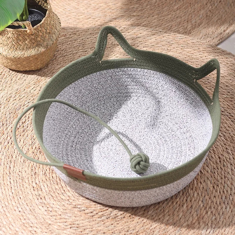 35/40/46cm Handwoven Cotton Rope Cat Basket Bed, Stimuli Instinct Cat Bed with Ear Handles, Hanging Ball Toy, Round Scratcher