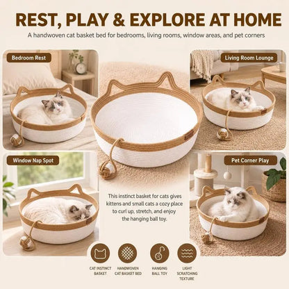 35/40/46cm Handwoven Cotton Rope Cat Basket Bed, Stimuli Instinct Cat Bed with Ear Handles, Hanging Ball Toy, Round Scratcher