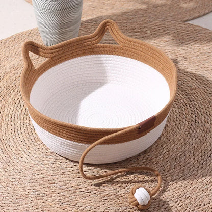 35/40/46cm Handwoven Cotton Rope Cat Basket Bed, Stimuli Instinct Cat Bed with Ear Handles, Hanging Ball Toy, Round Scratcher