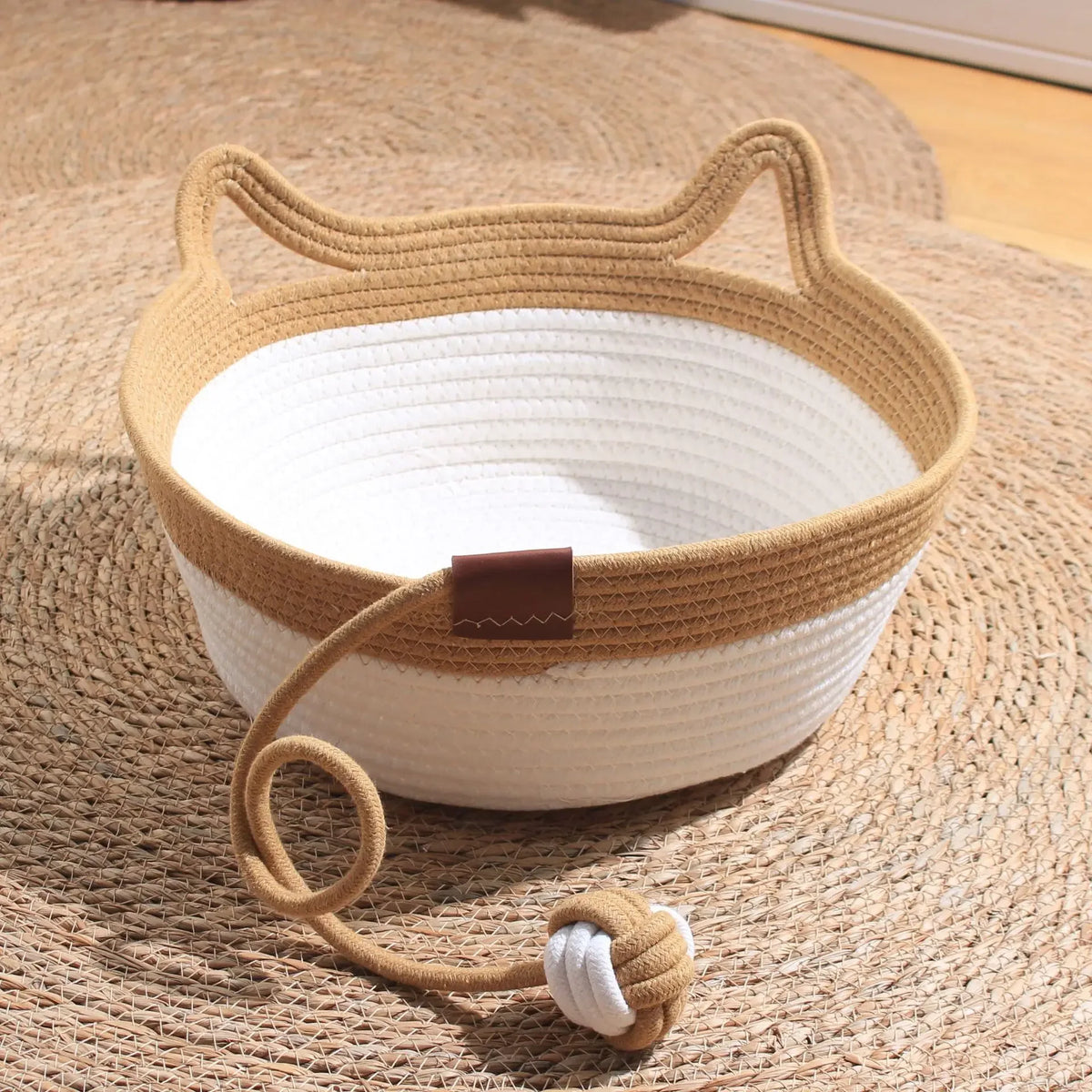 35/40/46cm Handwoven Cotton Rope Cat Basket Bed, Stimuli Instinct Cat Bed with Ear Handles, Hanging Ball Toy, Round Scratcher