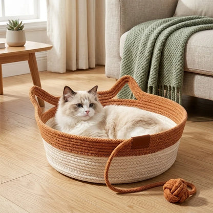 35/40/46cm Handwoven Cotton Rope Cat Basket Bed, Stimuli Instinct Cat Bed with Ear Handles, Hanging Ball Toy, Round Scratcher