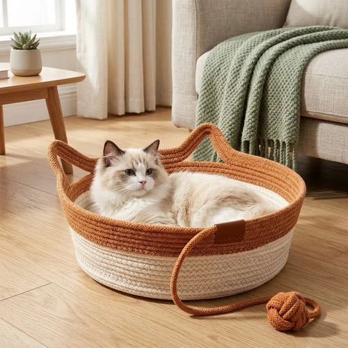 35/40/46cm Handwoven Cotton Rope Cat Basket Bed, Stimuli Instinct Cat Bed with Ear Handles, Hanging Ball Toy, Round Scratcher