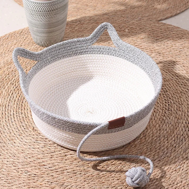 35/40/46cm Handwoven Cotton Rope Cat Basket Bed, Stimuli Instinct Cat Bed with Ear Handles, Hanging Ball Toy, Round Scratcher